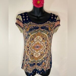 Lucky Brand~Vibrant Multi-Color Boho Style Top~Short Sleeves~Scoop Neck~Size XS